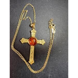 NEW Baltic Amber cross pendant in gold over sterling silver